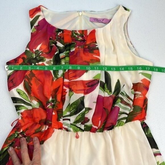 Eliza J Tropical Floral Maxi Gown Chiffon Pleated Sleeveless Dress Cream Red 10 - Picture 8 of 11